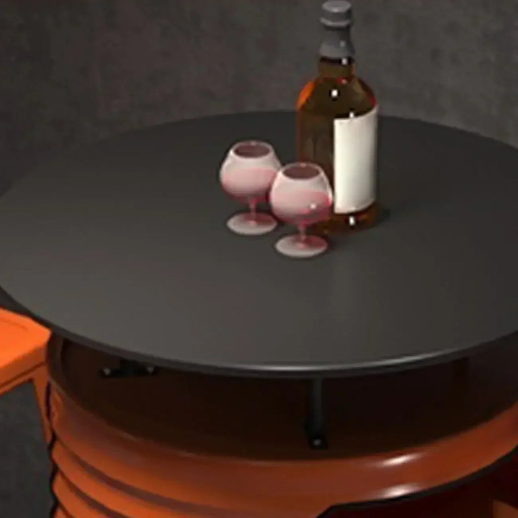 Industrielle schwarze und orangefarbene Metallfass-Tische mit Stauraum