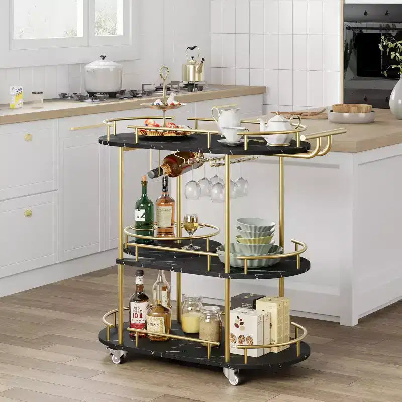 Barkarren met opbergrekken met 4 niveaus, mobiele barkarren op wielen met wijnrek en glazenhouder voor keuken, eetkamer en woonkamer