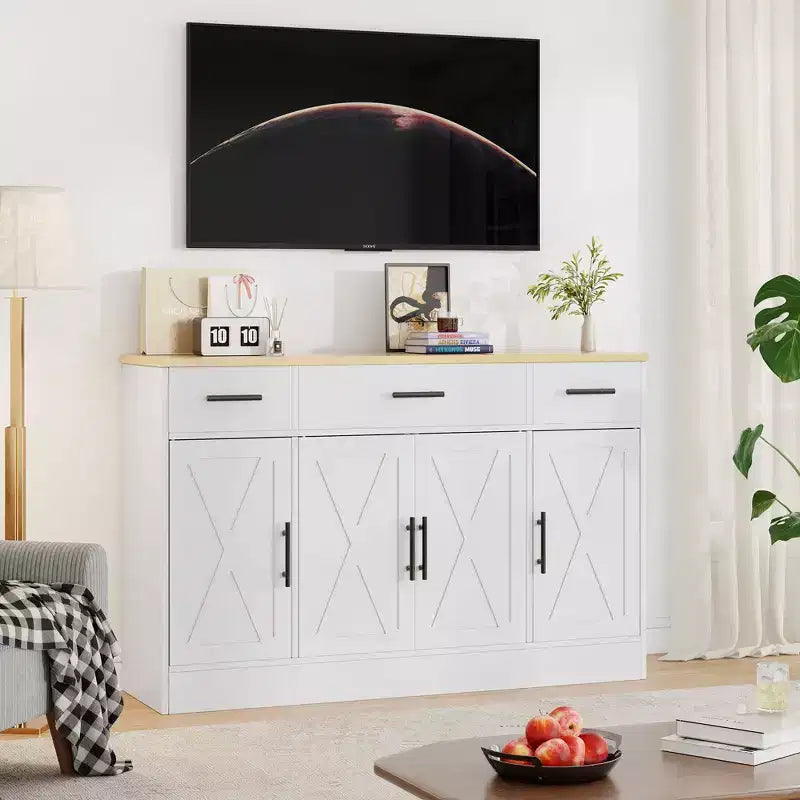 Credenza Celebalcony con contenitore, grande mobile da cucina da 53.4 con 3 cassetti e 4 ante, ripiano regolabile per cucina e soggiorno