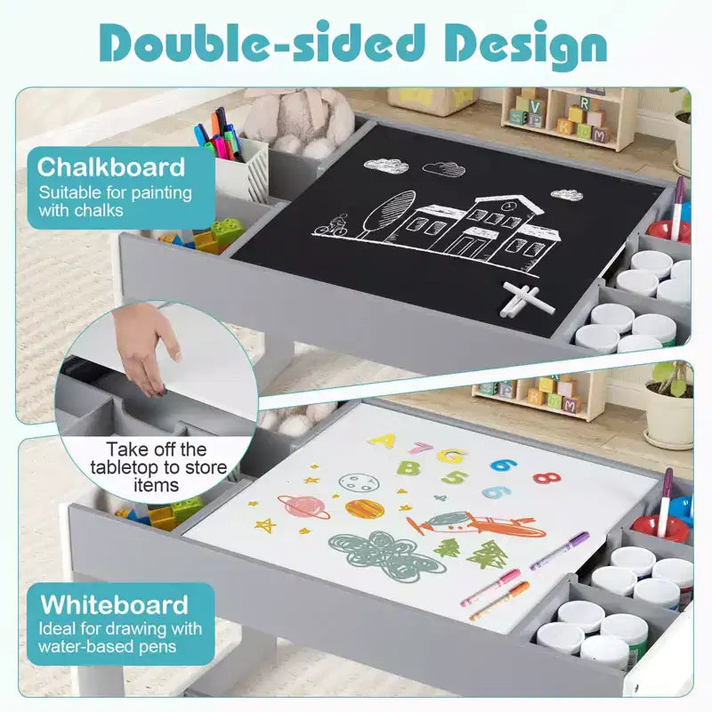 Costway multifunktionales Kindertisch- und 2-Stühle-Set mit abnehmbarer, doppelt großer Tischplatte, Grau + Weiß/Natur + Weiß