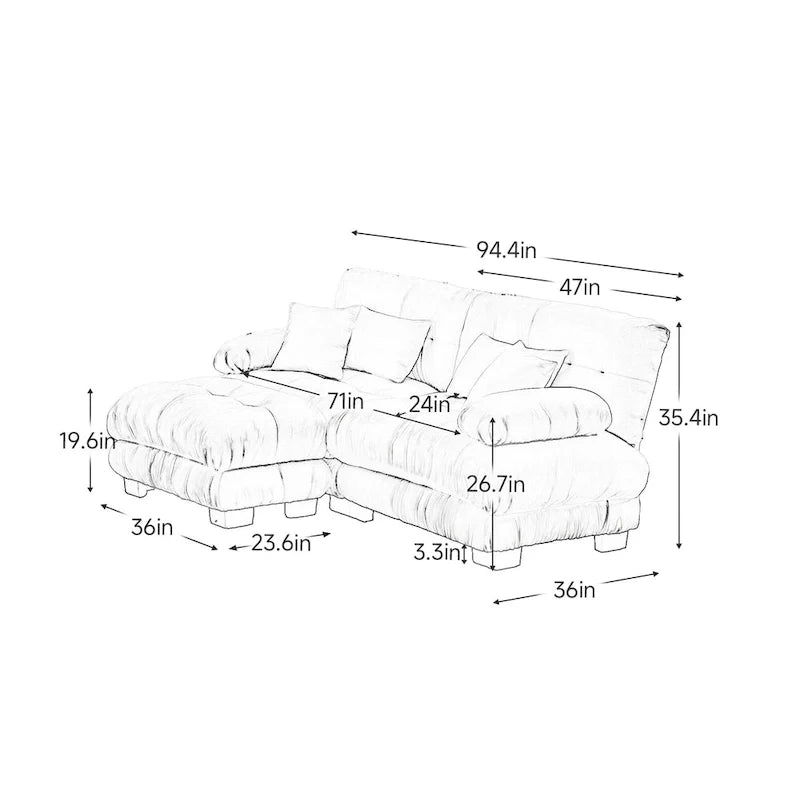 Ecksofa in L-Form, Chenille-Zweisitzer mit Lendenkissen