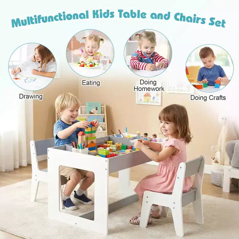 Costway multifunktionales Kindertisch- und 2-Stühle-Set mit abnehmbarer, doppelt großer Tischplatte, Grau + Weiß/Natur + Weiß