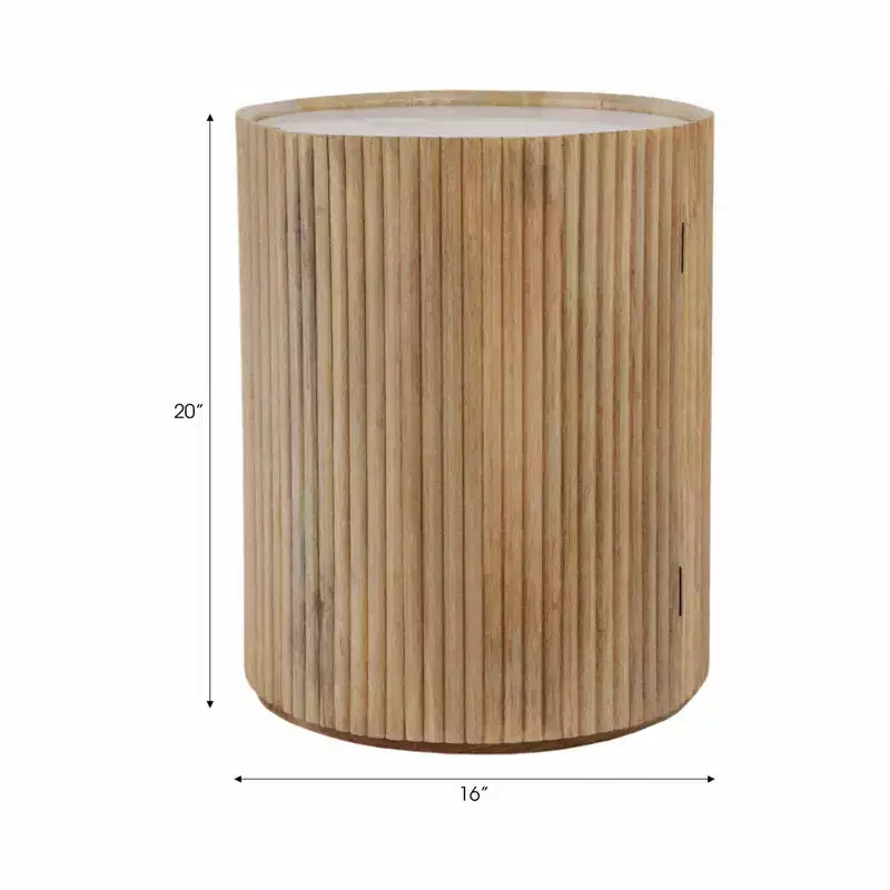 Dekorativer geriffelter Beistelltisch aus Holz mit Marmorplatte und Stauraum - kleiner Dekotisch für Schlafzimmer oder Wohnzimmer