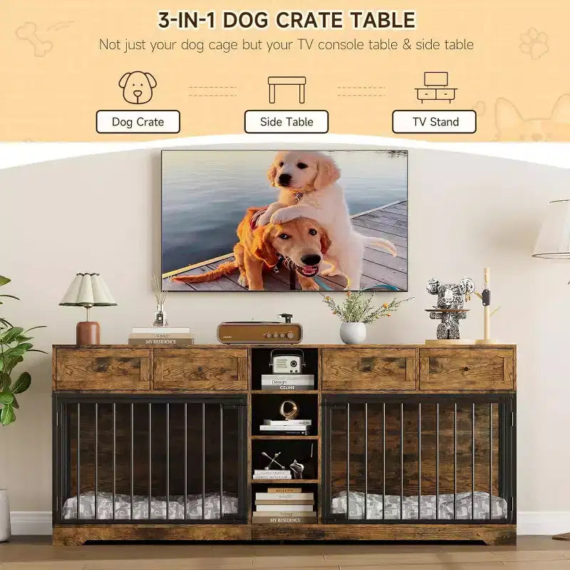 Meuble double cage pour chiens 82, grand chenil d’intérieur pour 2 chiens, cage en bois robuste faisant office de meuble TV avec 4 tiroirs et des étagères