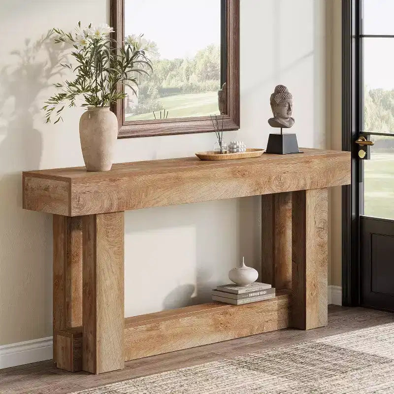 Houten consoletafel van 62.99 inch, smalle, lange boerderijtafel voor de hal met 2 niveaus