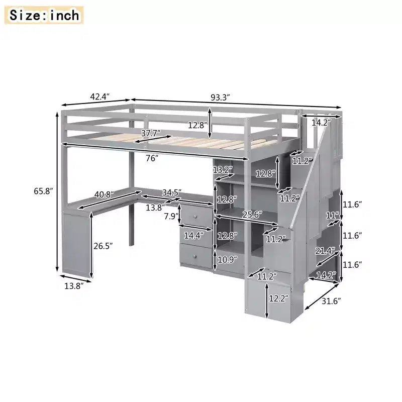 Lit mezzanine simple avec bureau en L, 3 tiroirs, armoire, rangement sous l’escalier, structure en pin massif/MDF