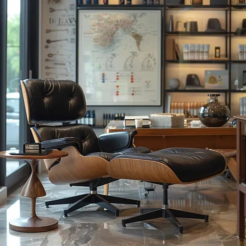 Poltrona lounge d’accento Furgle in vera pelle con pouf e legno di noce