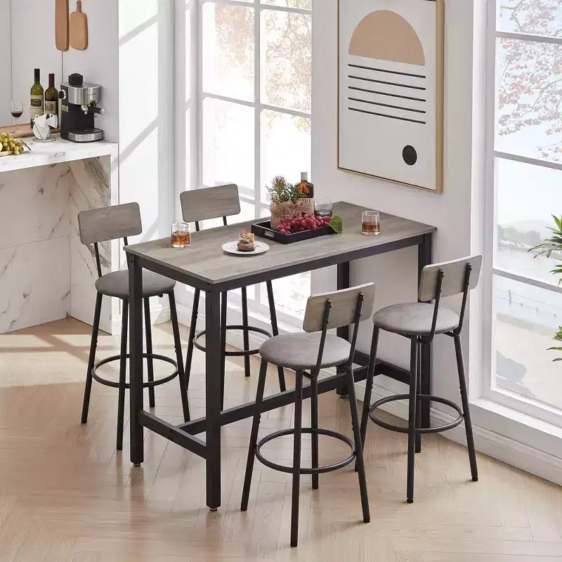 Ensemble de salle à manger 5 pièces, table haute avec 4 tabourets rembourrés, dossier en bois et repose-pieds en anneau, pour salon, bureau ou salle à manger
