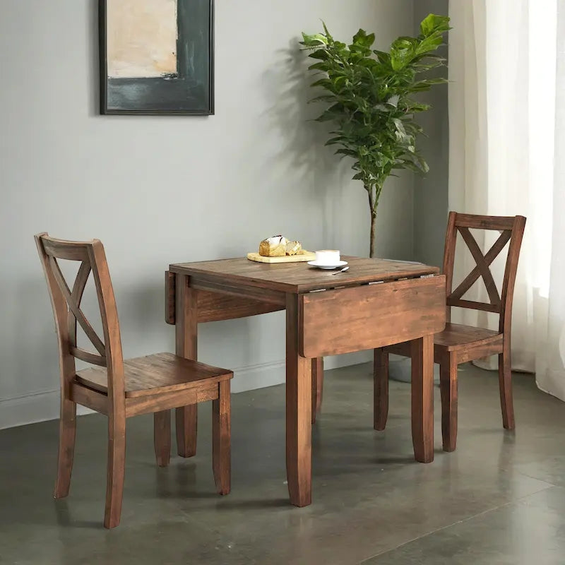 Ensemble de table de petit-déjeuner en bois à abattants, 3 pièces, avec 2 chaises à dossier en X, pour petits espaces