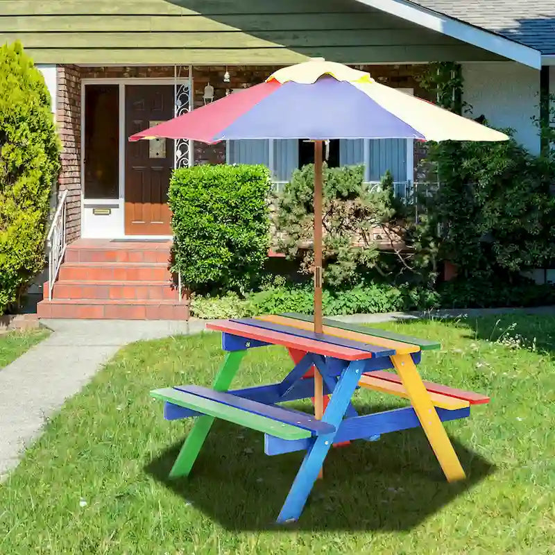 Costway Kinder-Picknicktisch mit 4 Sitzplätzen, Sonnenschirm, für Garten und Hof, klappbar