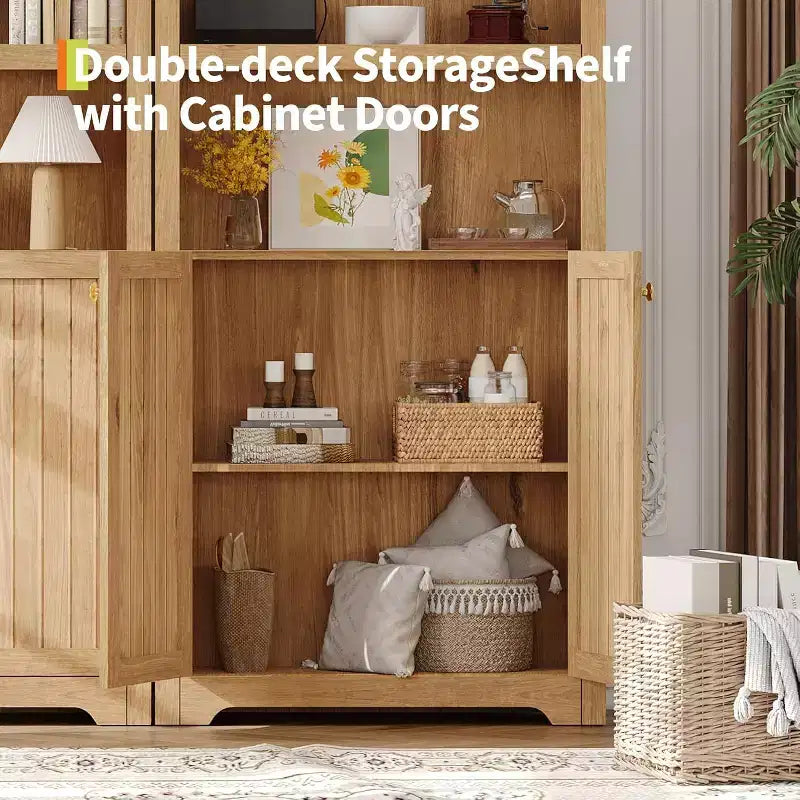 Hoge gebogen kast van 72, boekenrek met 5 niveaus, dubbele deuren en verstelbare plank, houten boekenkast met opbergruimte voor thuiskantoor