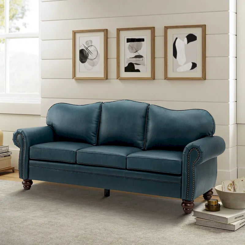 Canapé Balvino 81 pouces de style transitionnel en cuir véritable, avec accoudoirs arrondis, clous décoratifs et coussins amovibles