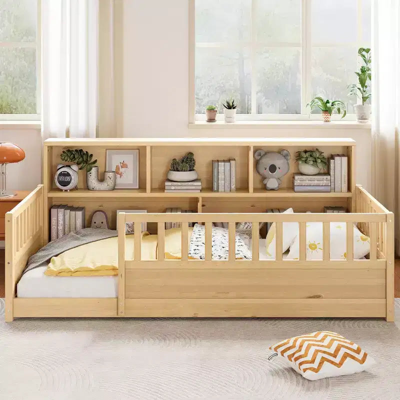 GDFStudio Cissie modern vloerbed van grenenhout met veiligheidsrand en opbergruimte aan de zijkant