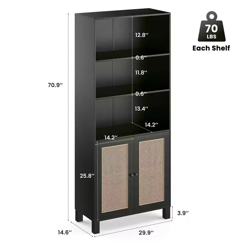 TUYOHW Tall Bookcase with Rattan Doors,5-Shelf Freestanding Storage Cabinet,Bookshelf for Living Room,Bedroom,Home Office
