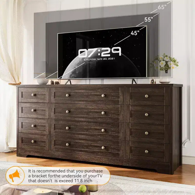 Commode en bois à 12 tiroirs pour chambre, meuble TV moderne et large pour téléviseur de 65 pouces, commode en bois, rangement champêtre pour vêtements dans le salon