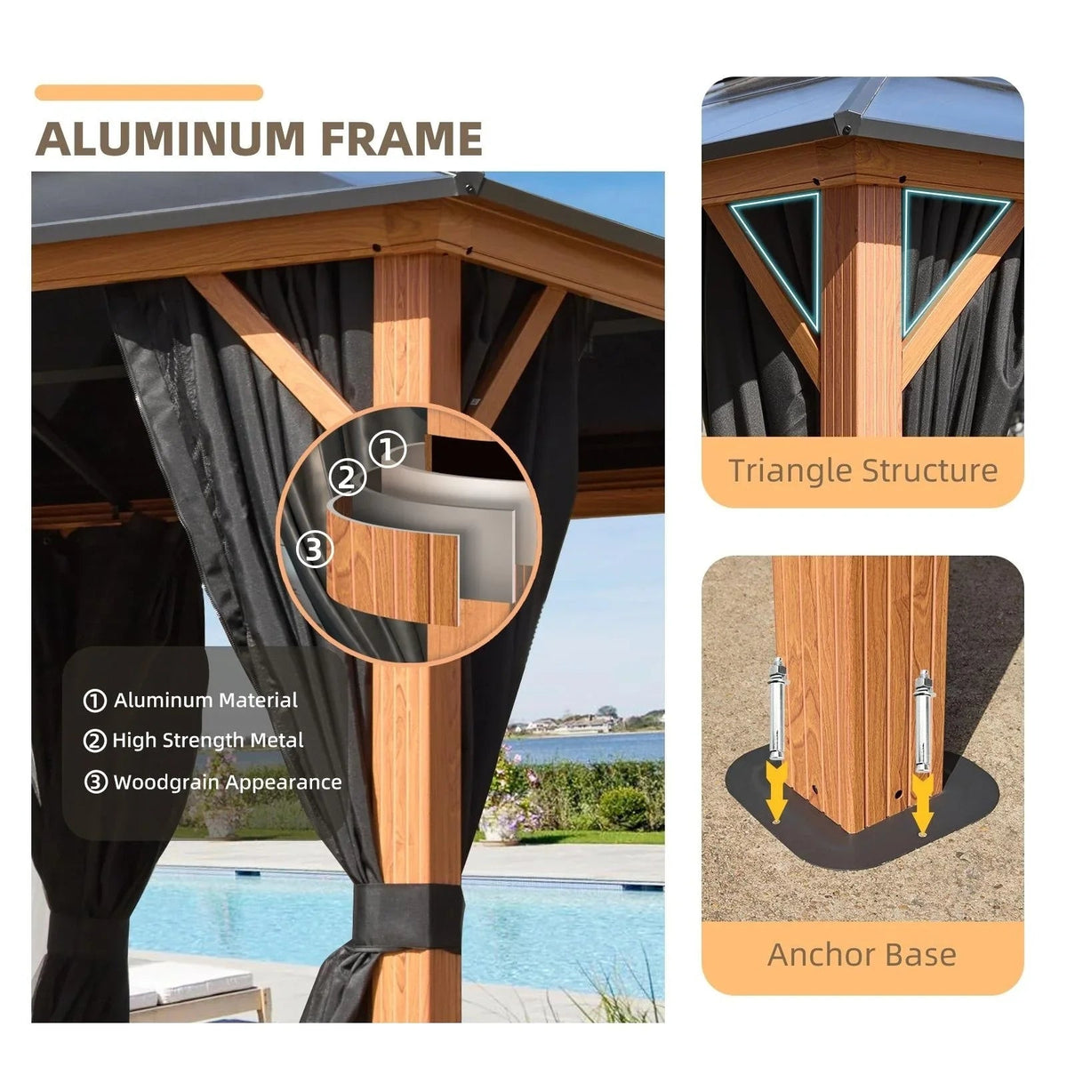 EROMMY hardtop-paviljoen, pergola voor buiten met dubbel dak, netten en gordijnen, extra stevig zonnescherm voor terras, achtertuin en zwembadfeest