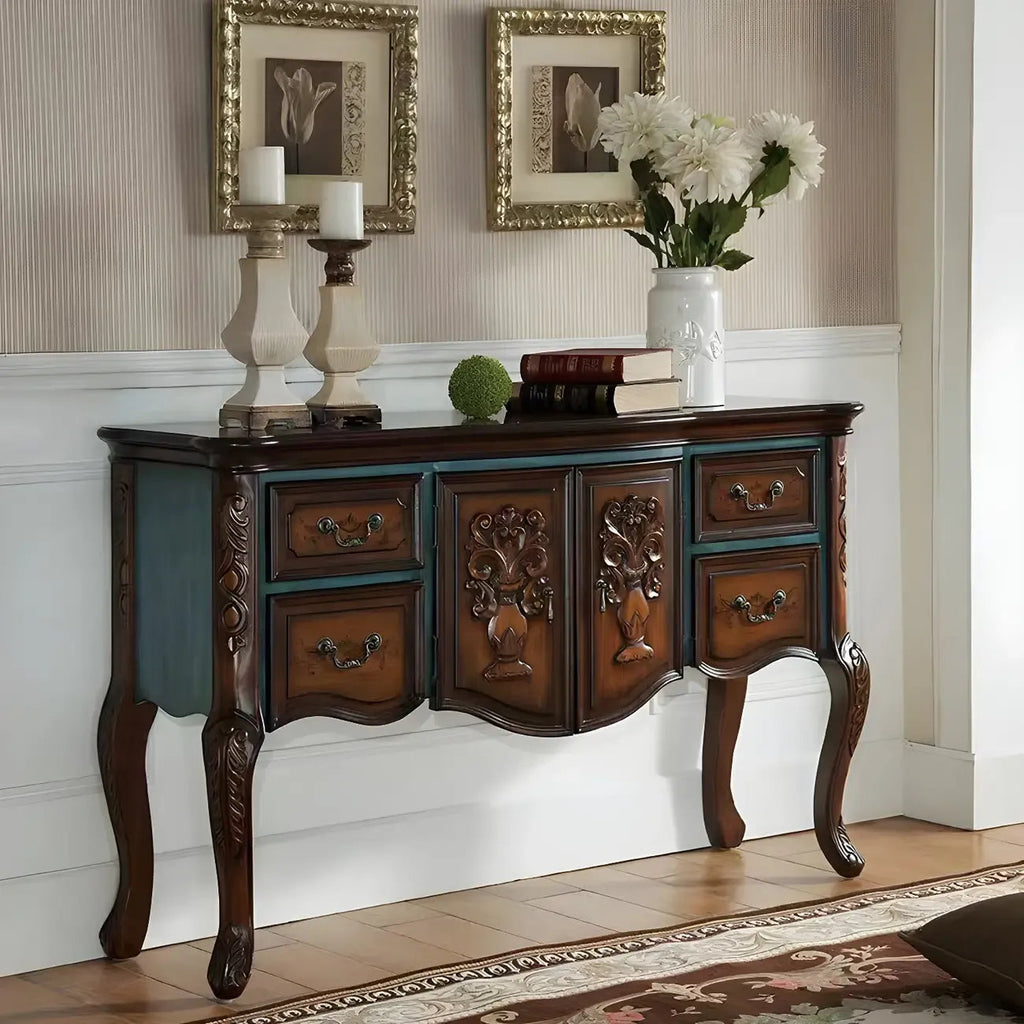 Franse houten koffiekleurige opbergconsoletafel met laden