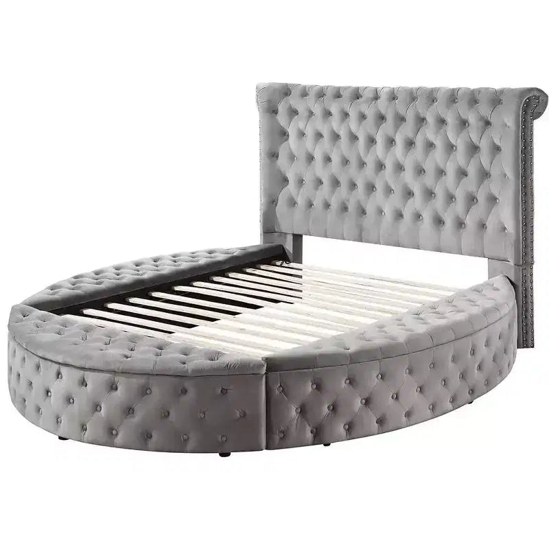 Letto matrimoniale Gaiva 109 in velluto grigio - Acme Furniture: elegante design con borchie decorative e bottoni capitonné, struttura in legno composito