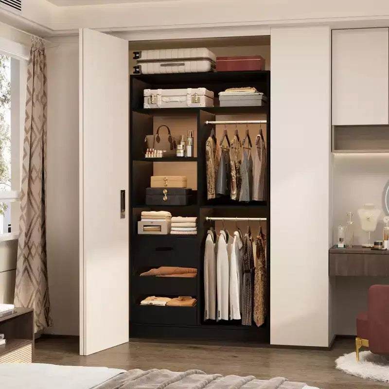 Organizer per armadio con cassetti in legno, sistema guardaroba indipendente con aste appendiabiti
