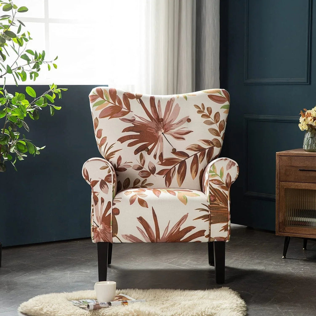 Erommy moderne fauteuil, fauteuil met hoge rugleuning, gestoffeerde eenzitsbank met knopen en houten poten voor de woonkamer