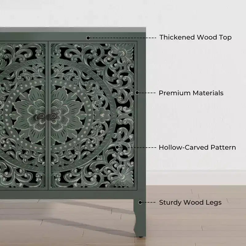 Credenza con contenitore, mobile contenitore dall'aspetto vissuto con 4 ante intagliate e ripiano regolabile, credenza decorativa in legno