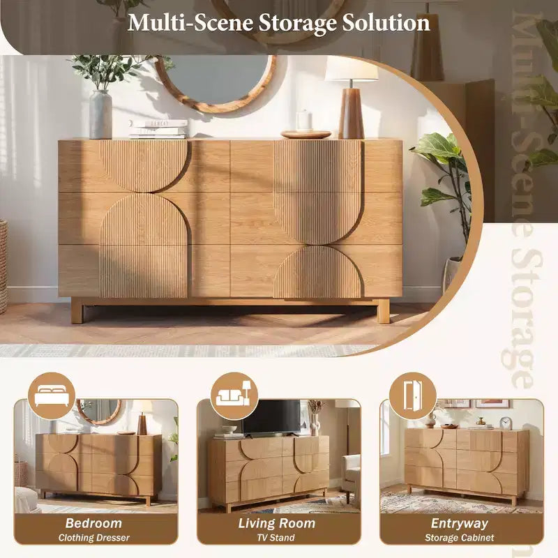 Moderne geometrische Kommode mit 6 Schubladen, breiter Stauraumschrank mit Halbkreismuster für Schlafzimmer und Wohnzimmer