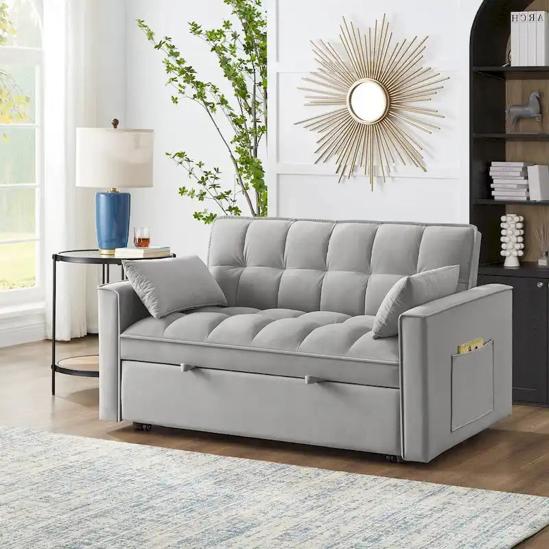 4-in-1-Zweisitzer-Schlafsofa mit Armlehnen und Aufbewahrungstaschen, multifunktionales, getuftetes Ausziehsofa mit verstellbarer Rückenlehne