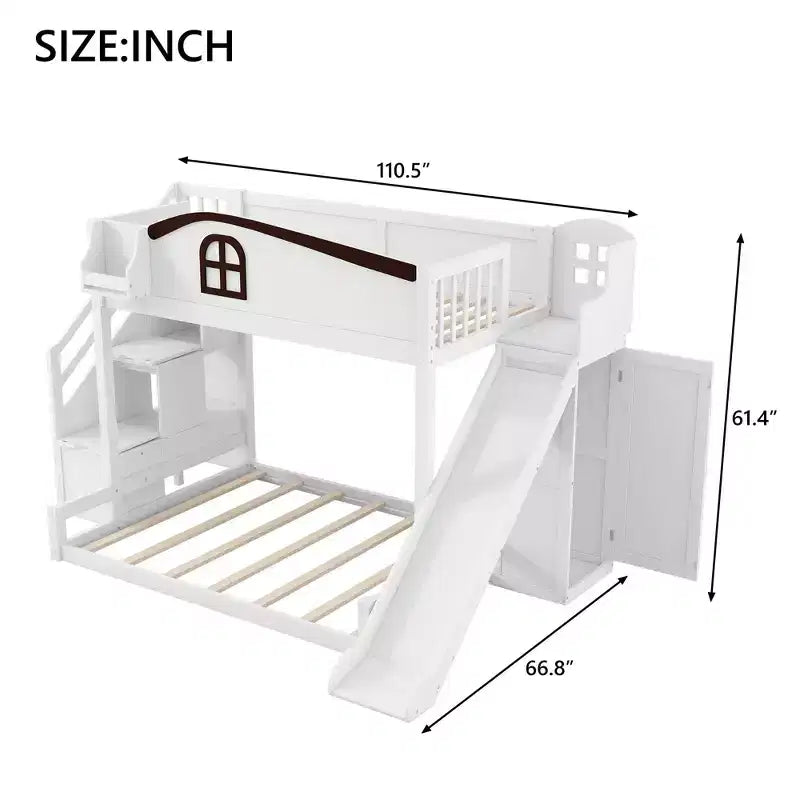 Stapelbed met een twijfelaar boven een tweepersoonsbed, met glijbaan, planken, opbergtreden en kledingkast voor de kinderkamer