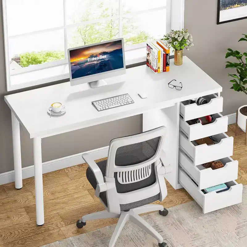 Bureau d’ordinateur Lantine avec 5 tiroirs, bureau moderne et sobre de 47 pouces pour le télétravail, les études et l’écriture, idéal pour les petits espaces
