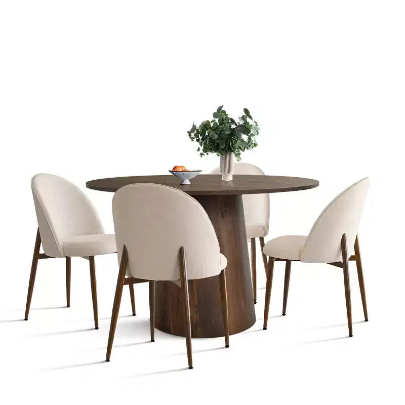 5-teiliges rundes Esszimmer-Set, 46-Zoll-Sockeltisch in Walnusston und gepolsterte Stühle ohne Armlehnen, für Frühstücksecken-Panipeachy