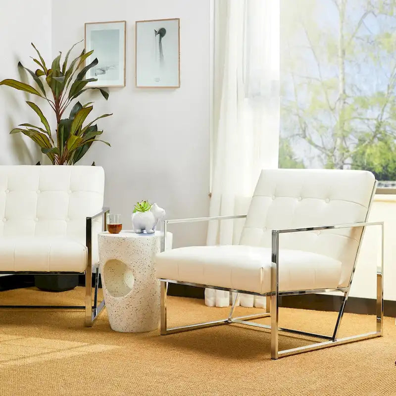 Fauteuil d’appoint Glitzhome crème de style mi-siècle moderne, revêtement en cuir PU capitonné et structure chromée, hauteur de 30.50