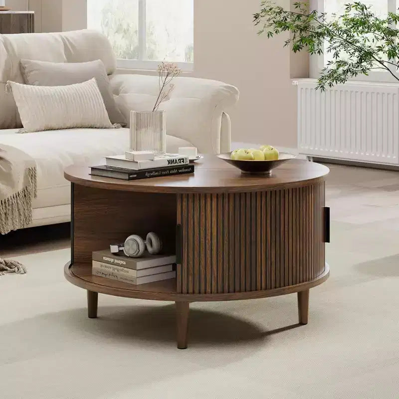 NAYSAYE ronde salontafel met opbergruimte, geribbelde middentafel van 31.5 voor de woonkamer, moderne ronde bijzettafel van walnotenhout voor kleine ruimtes