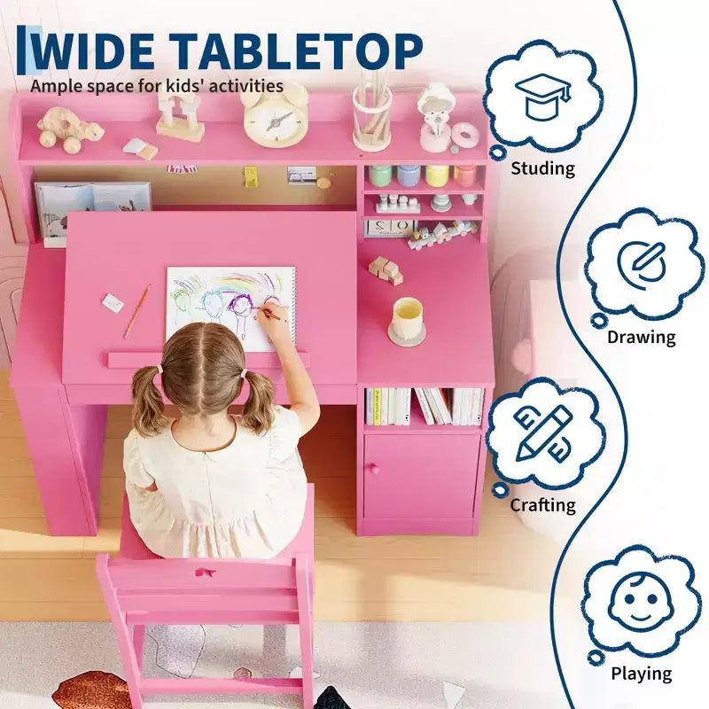 Bureau- en stoelset voor kinderen met opbergruimte, kinderbureau met opzetstuk en kantelbaar blad, houten kindertafel met opbergkast voor kinderen van 3-8 jaar