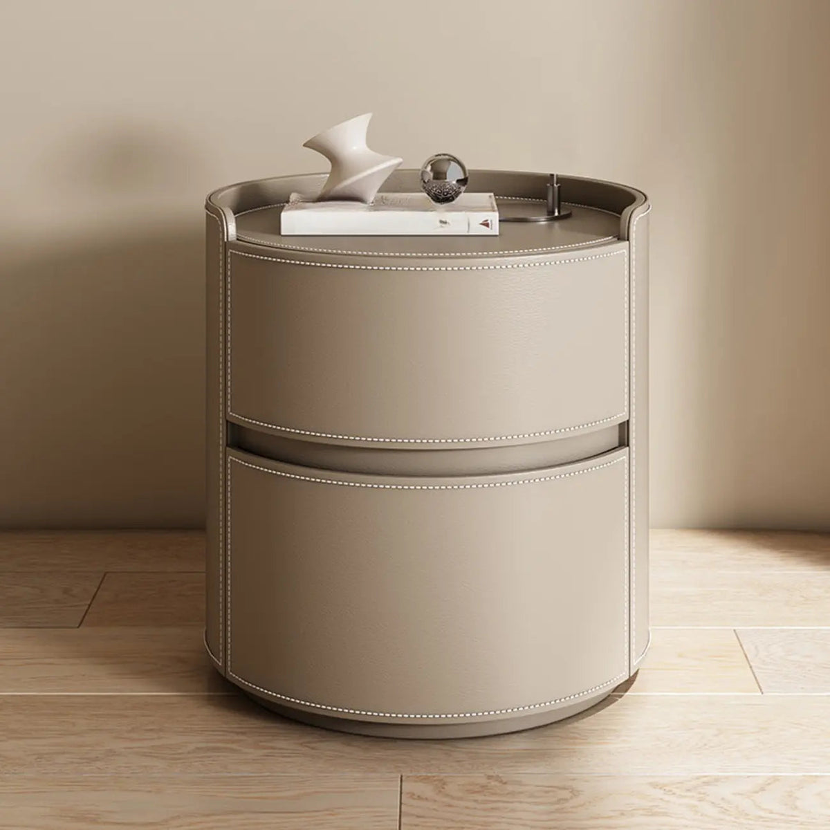 Comodino rotondo moderno con vassoio in pelle e 2 cassetti