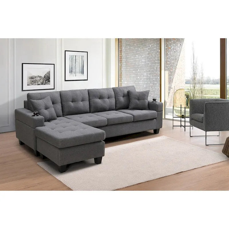 Wohnzimmer-Ecksofa mit L-förmiger Chaiselongue und Becherhalter