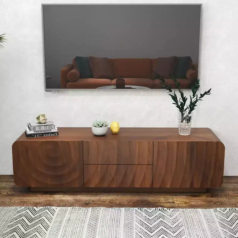 Mobile TV JVNOXK da 58 pollici, design a spirale ondulata di metà secolo, con armadietto contenitore e due cassetti, adatto per soggiorno o camera da letto, noce