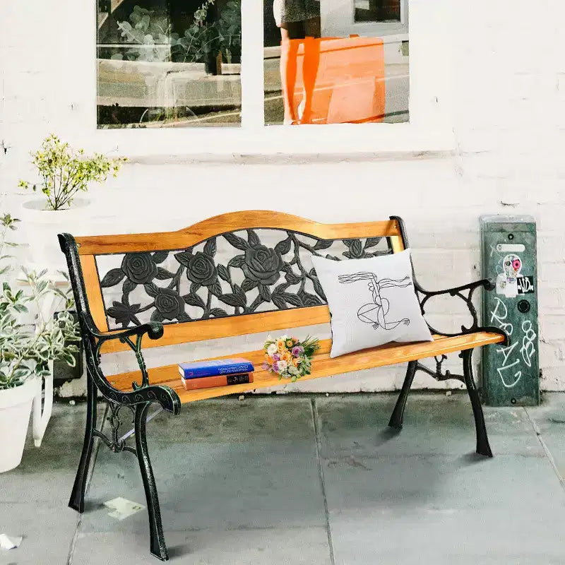 Costway metalen tuinbank voor terras, tuin, veranda en tuinpad, van gietijzer en hardhout