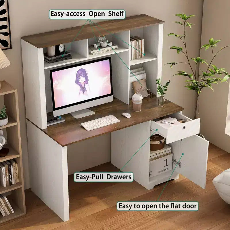 Bureau d'ordinateur moderne de 51.18IN avec rehausseur et bibliothèque, bureau avec nombreux rangements, bureau d'écriture pour le travail et la lecture