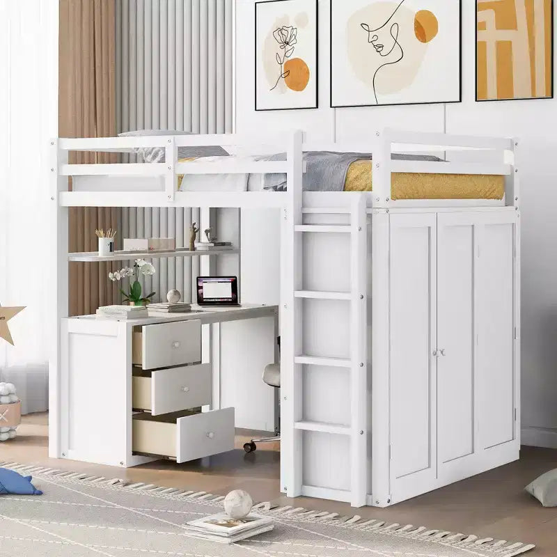 CLIHOME Hochbett in voller Größe mit 3 Aufbewahrungsschubladen, Schreibtisch und Kleiderschrank
