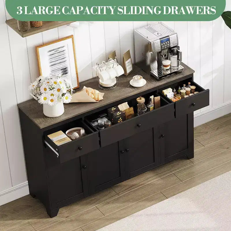 Buffet 55 avec 3 tiroirs et 4 portes, meuble de rangement de cuisine avec étagère réglable, pour la salle à manger ou le salon