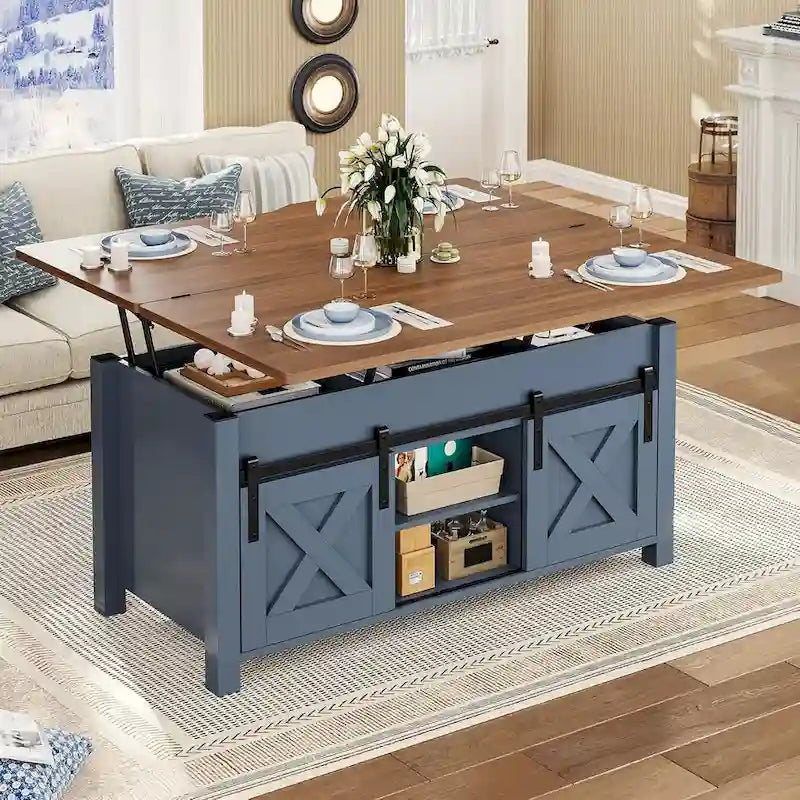 Table basse relevable avec 2 portes coulissantes de style grange, rangement et table à manger