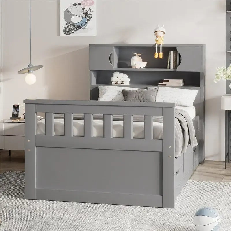 Letto a piattaforma Captain singolo/matrimoniale con 4 cassetti e ripiani contenitori, struttura in legno massello con testiera libreria contenitore