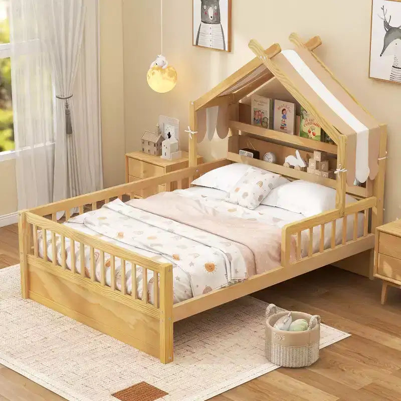 ModernLuxe houten huisbed in twin-/full-size met opbergvak in het hoofdbord, bedframe van massief grenenhout voor kinderen met veiligheidsleuningen