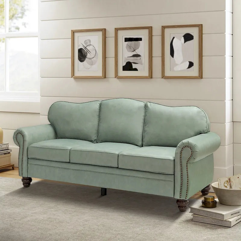 Canapé Balvino 81 pouces de style transitionnel en cuir véritable, avec accoudoirs arrondis, clous décoratifs et coussins amovibles