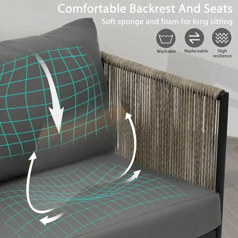 Ensemble de patio extérieur en corde, 4 pièces pour 4 personnes, avec coussins et table en verre