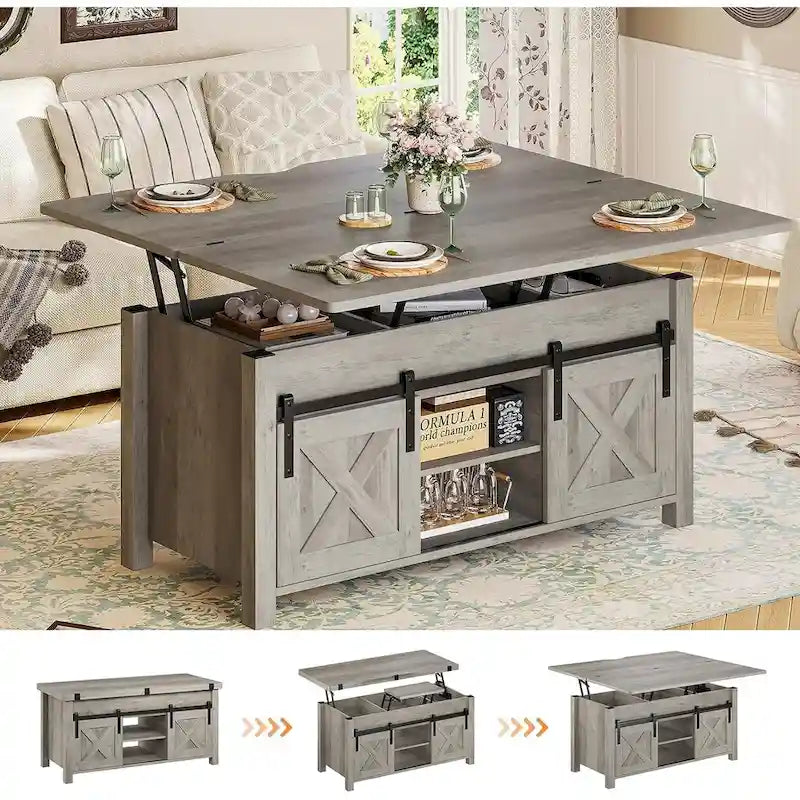 Table basse relevable avec 2 portes coulissantes de style grange, rangement et table à manger