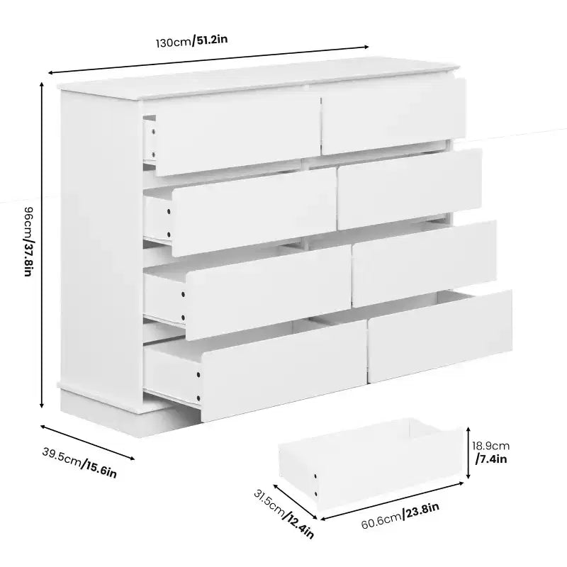 Moderne ladekast voor de slaapkamer met 8 lades, houten opbergmeubel voor de kledingkast, brede ladekast