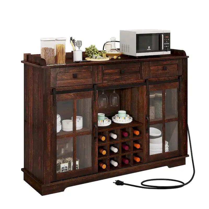Credenza buffet con ante scorrevoli stile fienile da 53, portabottiglie e mobile contenitore per cucina