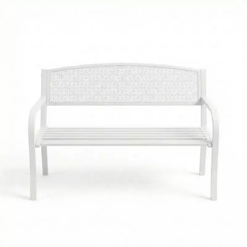 Banc d’extérieur en métal pour 2 personnes, mobilier de jardin en acier avec dossier géométrique pour patio, jardin et véranda