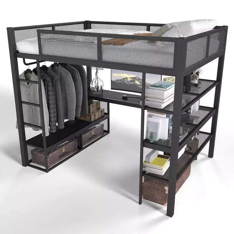 Bellemave metalen hoogslaper in queensize met bureau, opbergplanken en kledingroede, ruimtebesparend hoogslaperframe met veiligheidsrelingen en ladder, geen bedbodem nodig, zwart